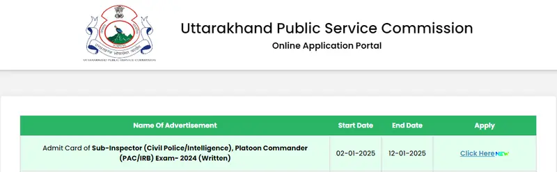 Uttarakhand Police SI Admit Card 2025