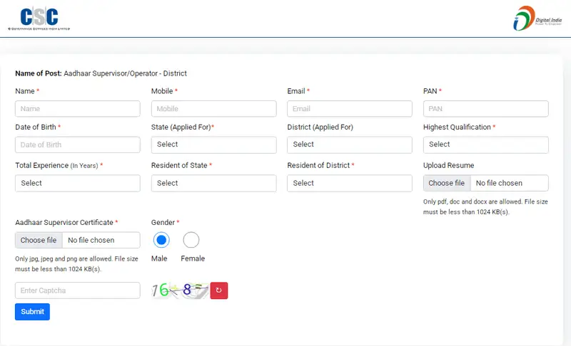 Aadhar Supervisor Online Form 2025 Kaise Bhare