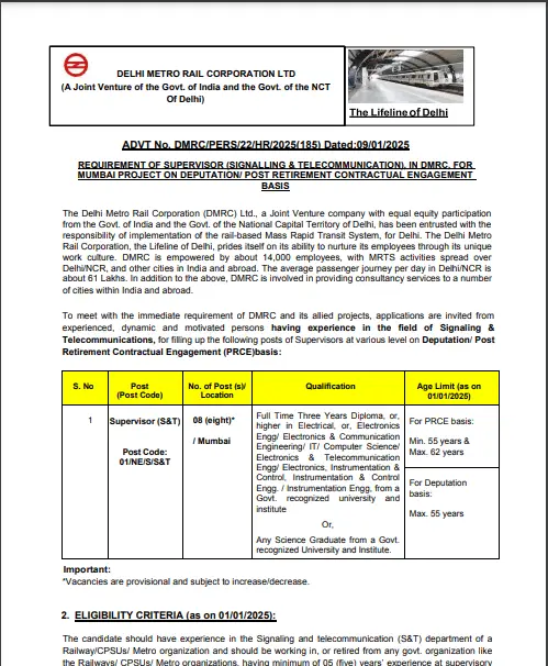 Delhi Metro Supervisor Vacancy 2025