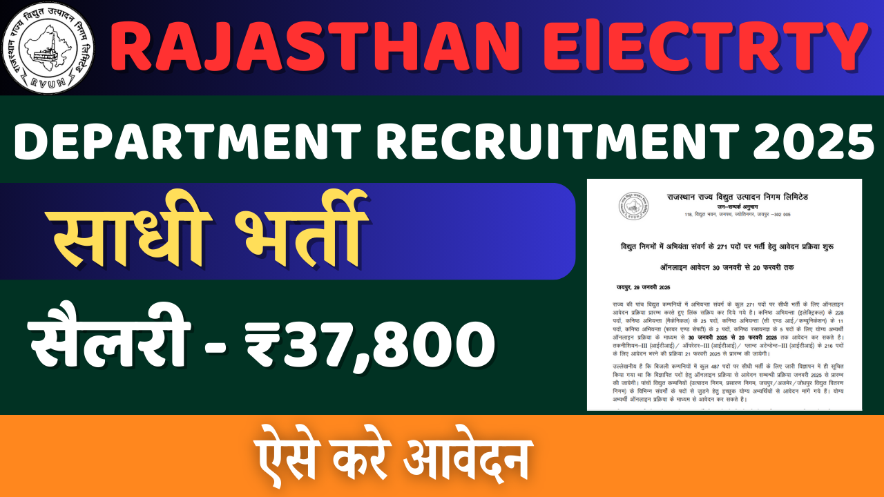 Rajasthan Electricity Department Recruitment Apply Now 2025 जूनियर इंजीनियर और केमिस्ट के लिए 